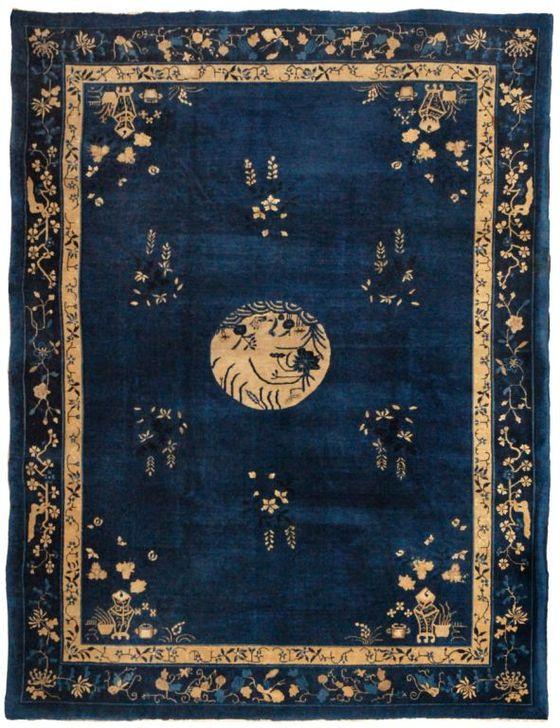 Chinese Rug. Deep blue wool silk rug 