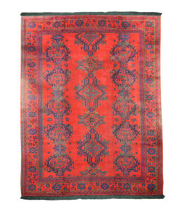 Antique Turkish Ushaq carpet red green birds eye view