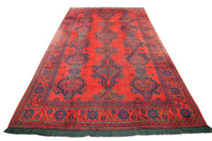 Antique Turkish Ushaq carpet red green blue cut out full view length ways